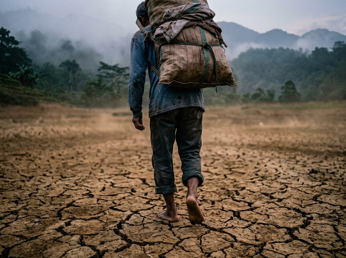 Traveler carrying a large pack along a muddy mountain trail